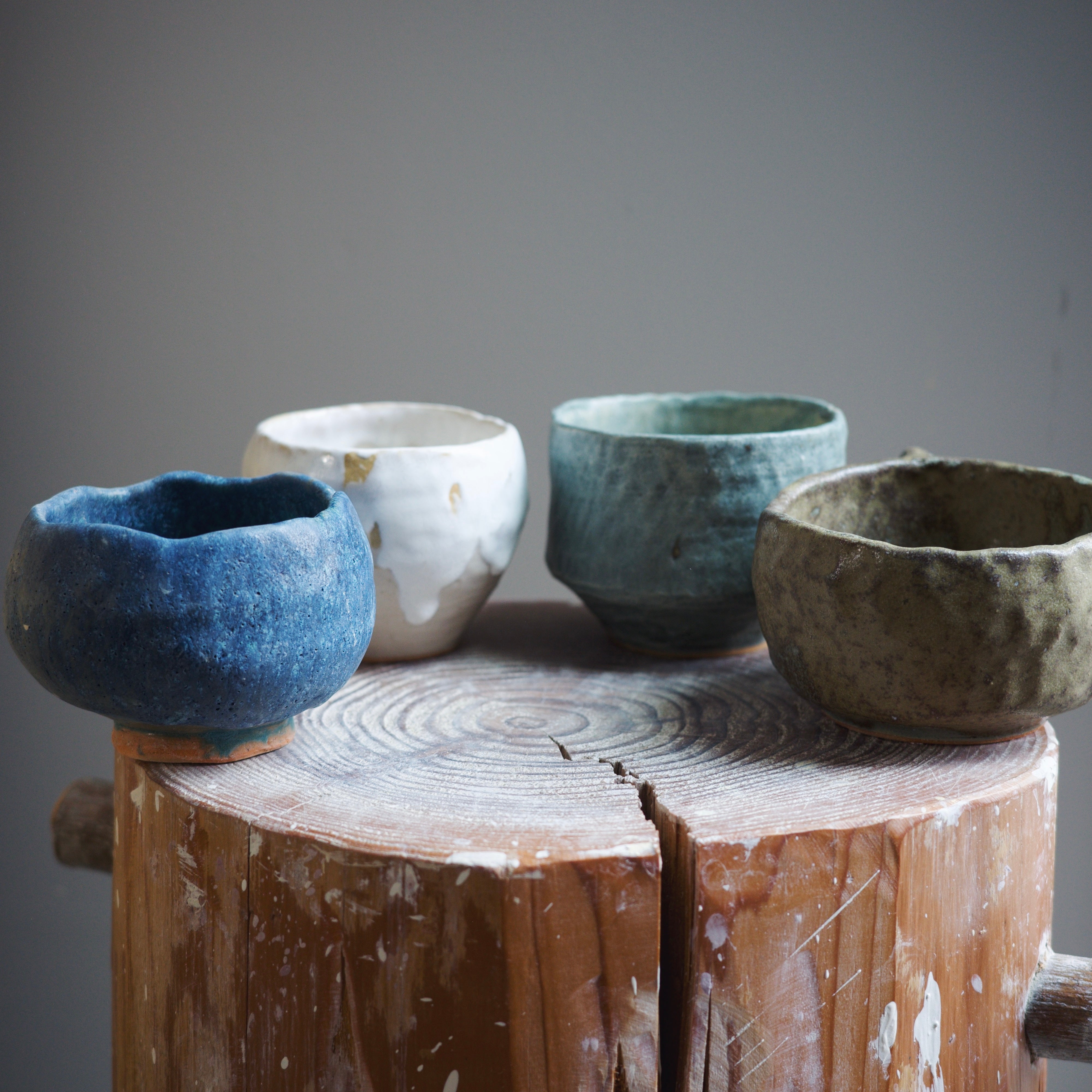 Aya Ogawa's own glazes - blue, white, grey and brown, on handmade bowls in her Kichijoji studio